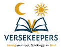 Logo of Versekeepers with a book, moon, and sun design on a white background